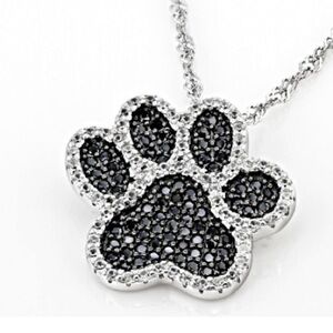 Black Spinel and White Zircon Rhodium Over Sterling Silver Paw Pendant Necklace